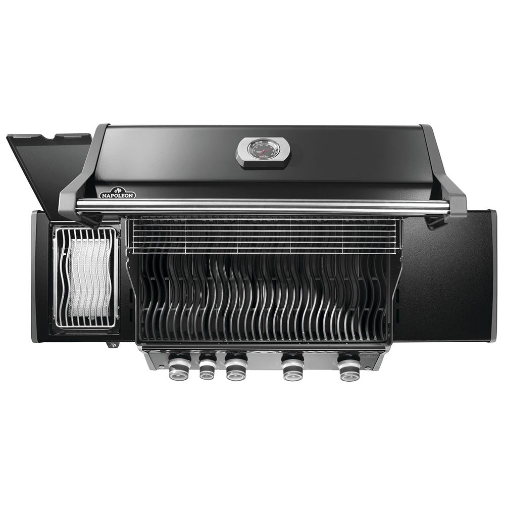 Black gas grill with side burner and open hood showing burners and grates