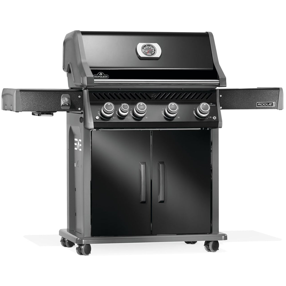 Black gas grill on cart front view with side burner and control knobs
