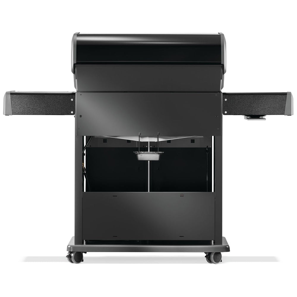 Black gas grill on cart with hood lifted, internal cooking area visible