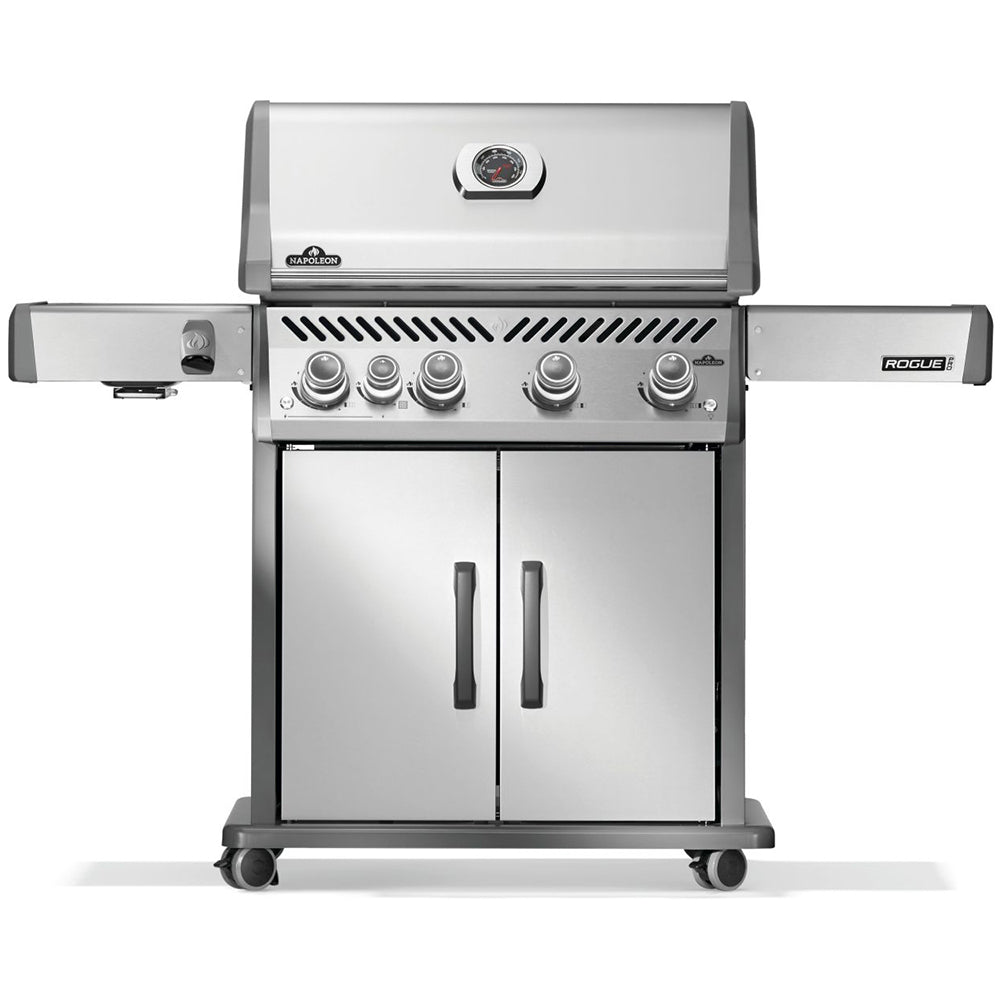 Stainless and black gas grill on cart with control knobs and hood closed