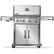 Stainless and black gas grill on cart with control knobs and hood closed