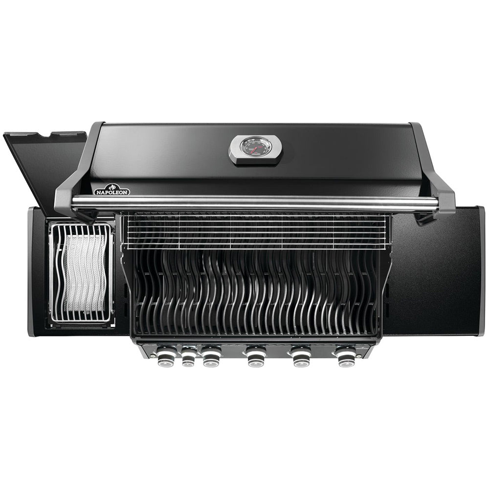 Open black gas grill with cooking grates and front control knobs