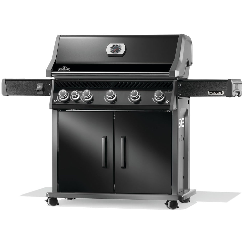 Black gas grill with side burner, control knobs, and cabinet doors on cart
