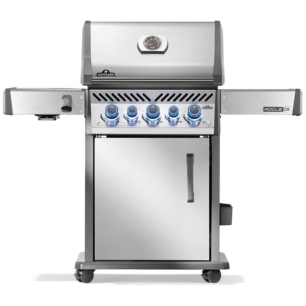 Gas grill on cart with closed lid and front control knobs, stainless door in view