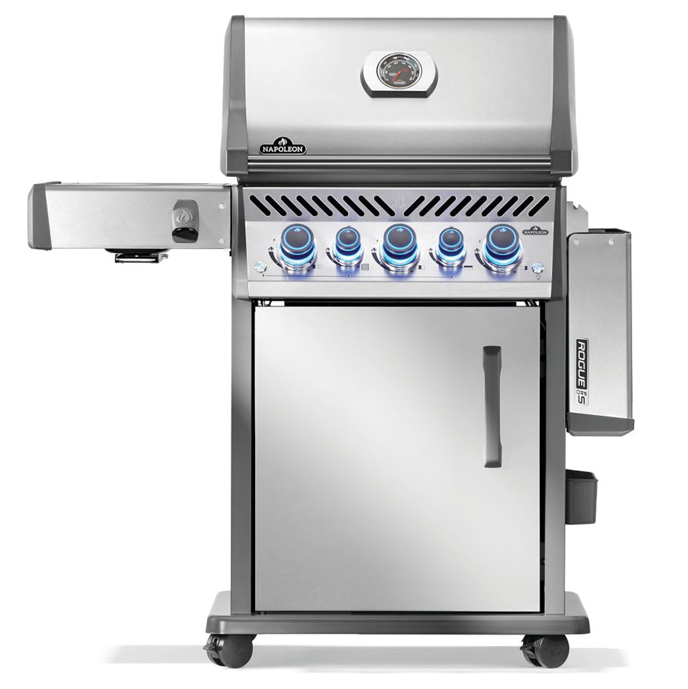 Gas grill on cart with side shelf and open front door, stainless control panel knobs