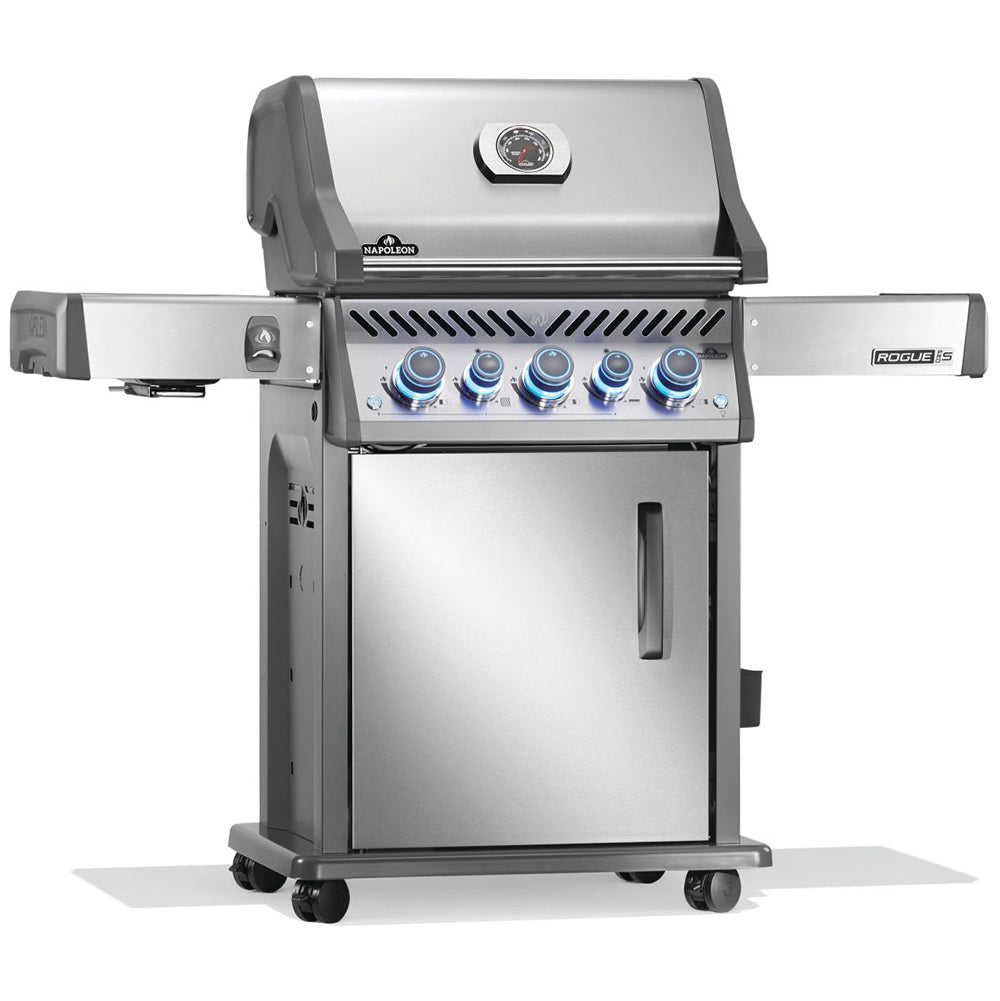 Gas grill on cart front view with closed lid, burner knobs, and stainless side shelves