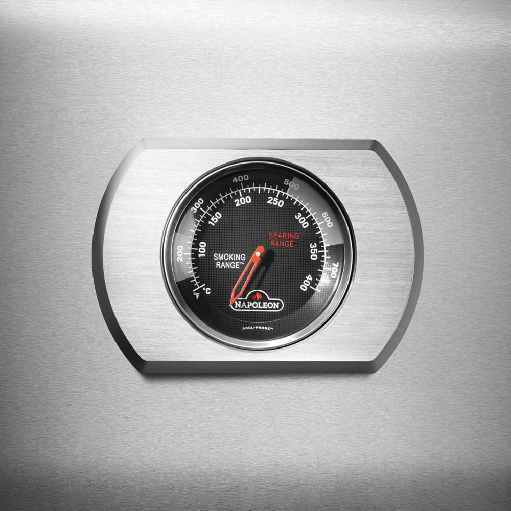 Gas grill lid temperature gauge with Fahrenheit scale and cooking ranges
