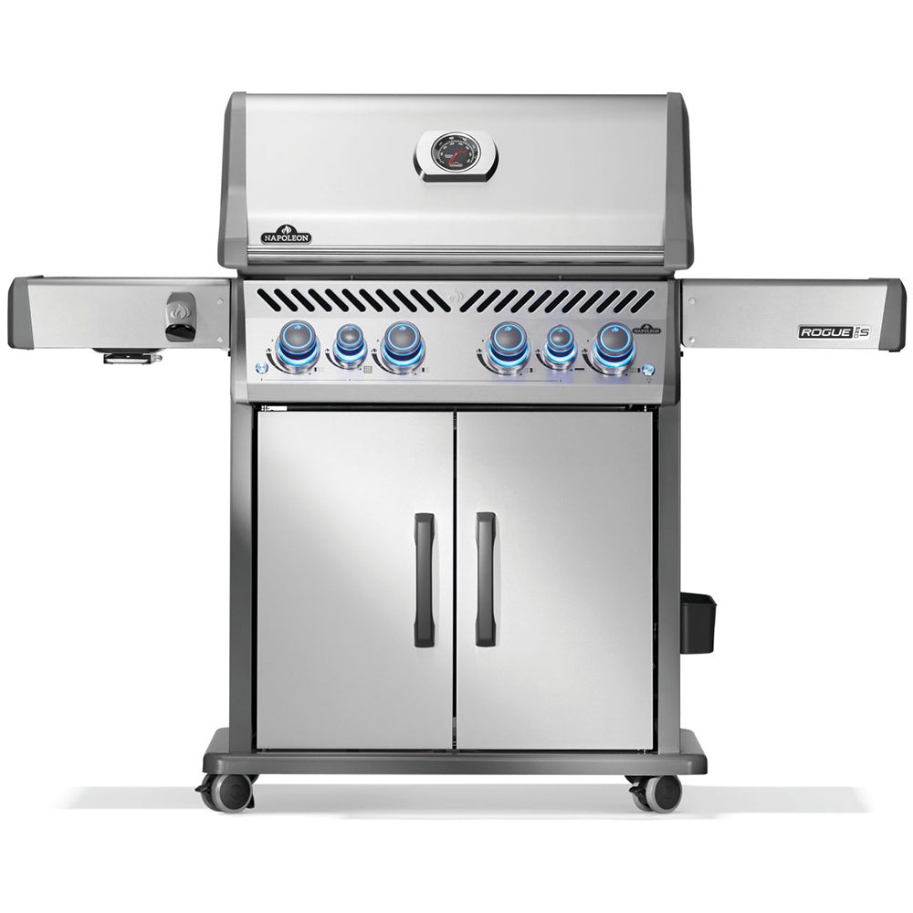 Stainless steel gas grill on cart with control knobs and side shelves