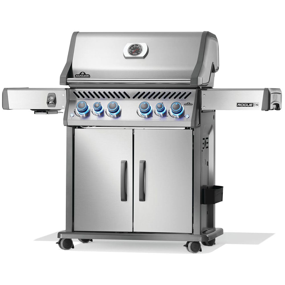 Stainless steel gas grill on cart with dual cabinet doors and control panel