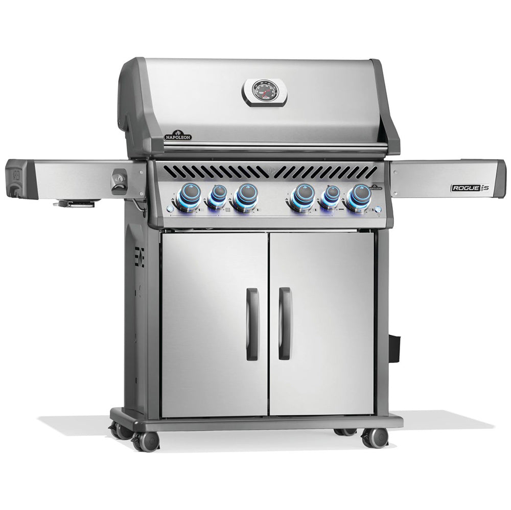 Stainless steel gas grill on cart with control knobs, handles, and cabinet doors