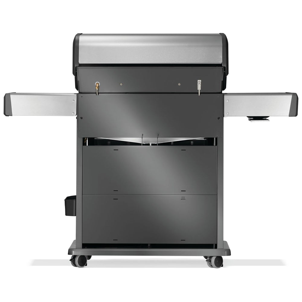 Closed gas grill with stainless lid and side handles on rolling cart base