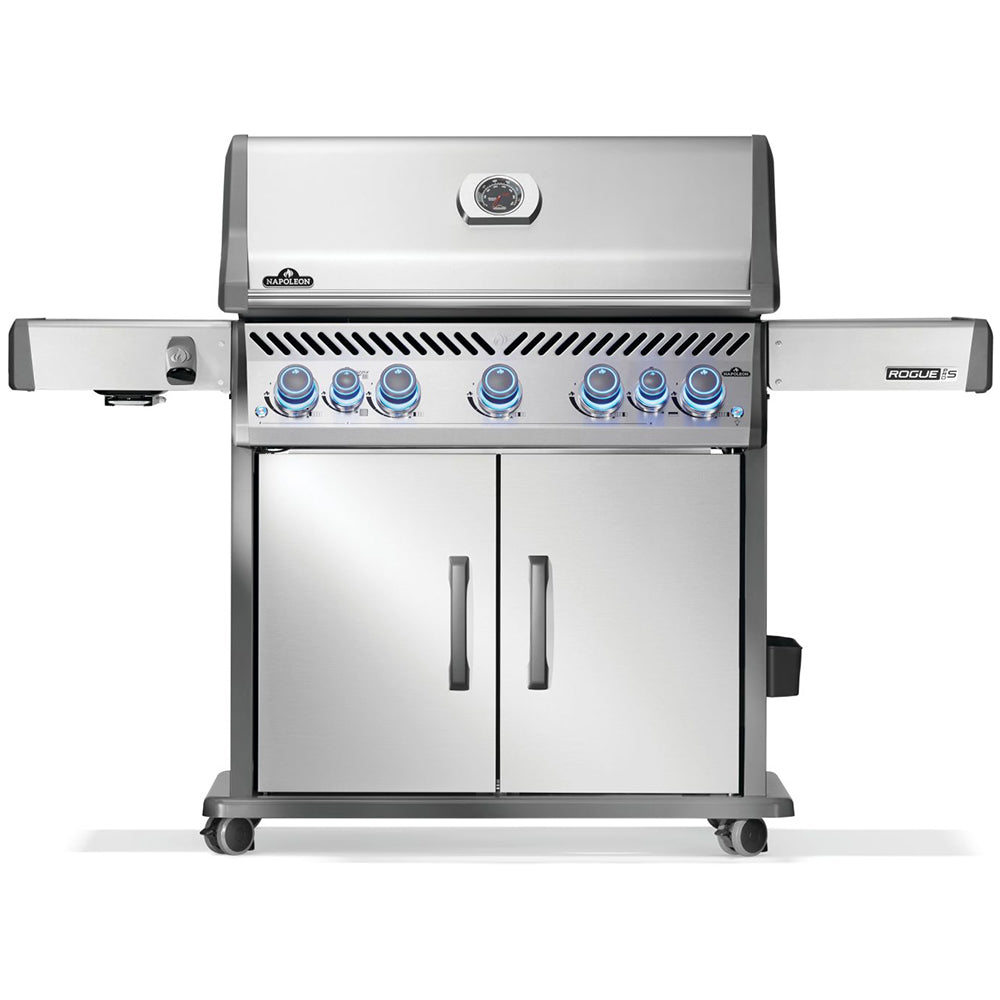 Stainless steel gas grill with two doors, side shelves, and blue control knobs on cart