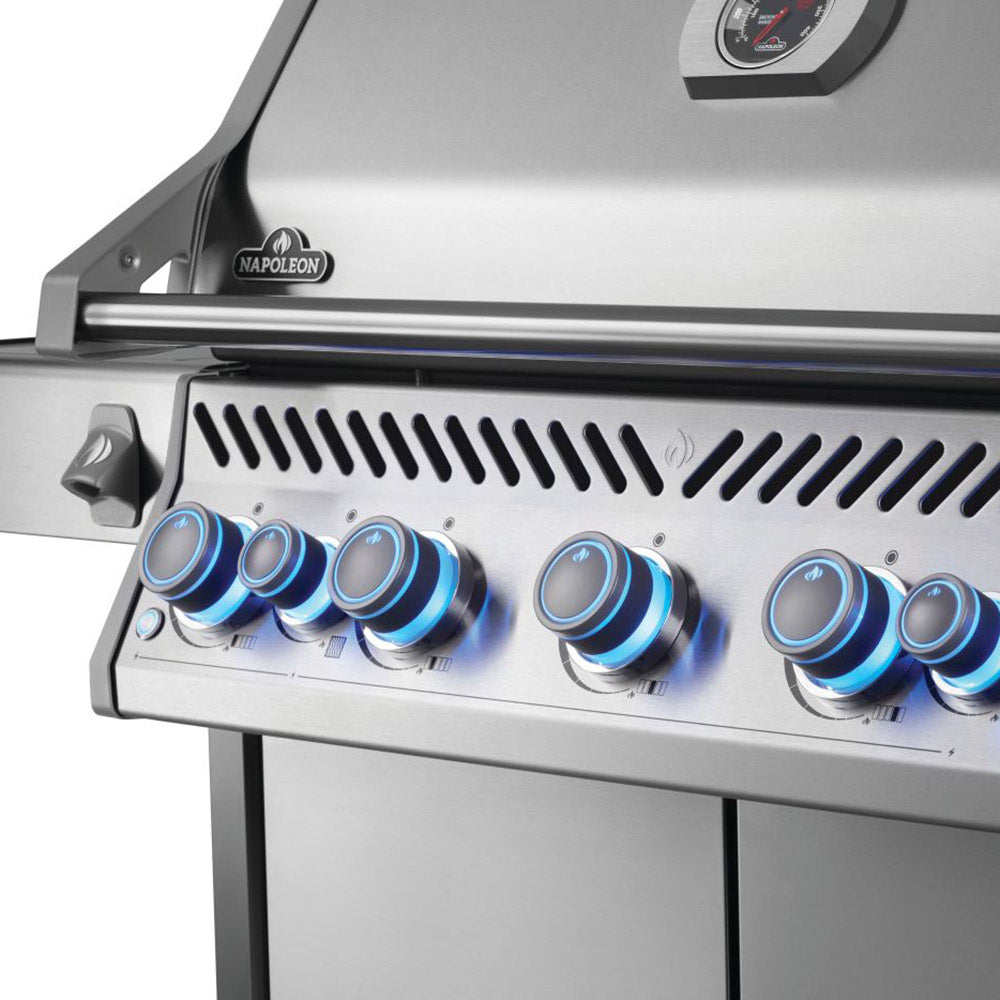 Gas grill burner assembly with blue control knobs and stainless control panel