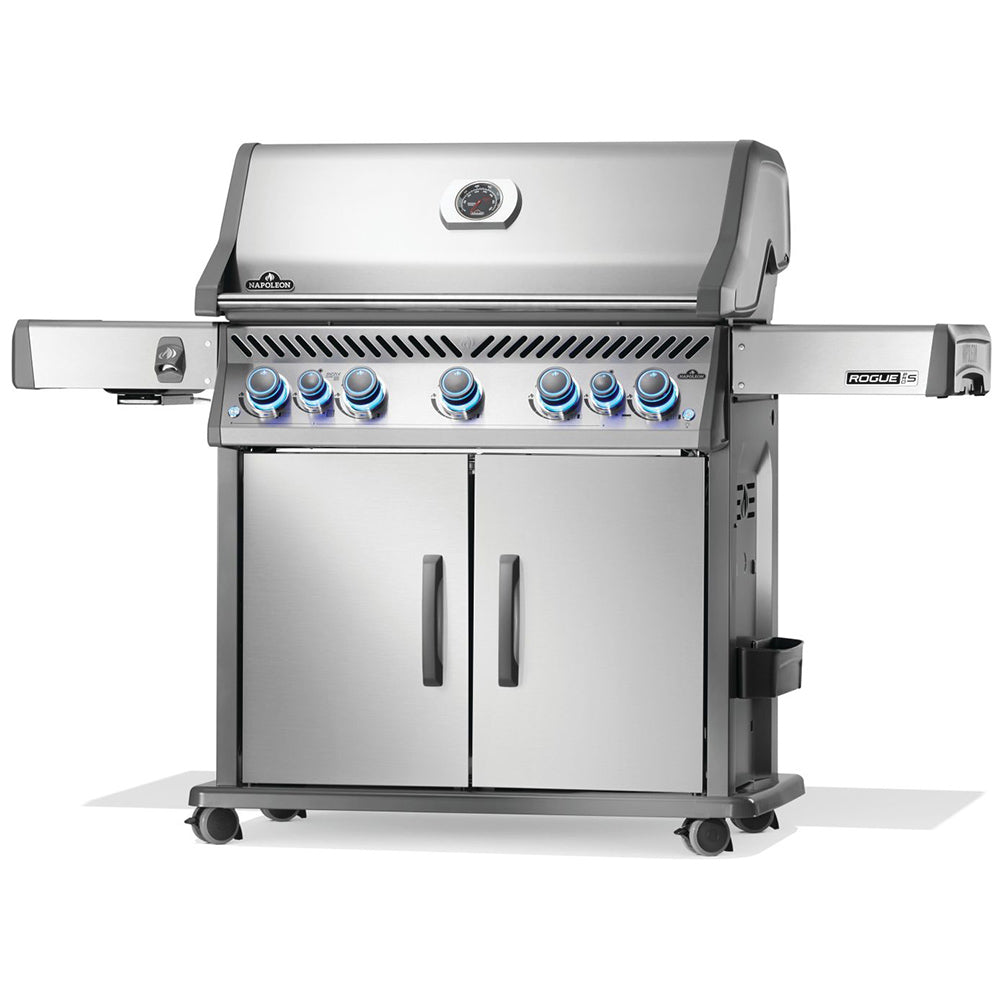 Stainless steel gas grill with blue control knobs, two cabinet doors, and side shelf
