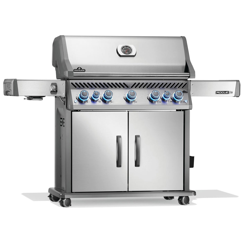 Stainless steel gas grill with blue control knobs, two cabinet doors, and caster wheels