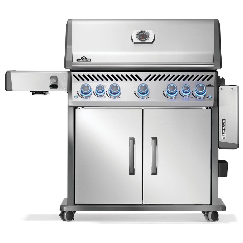 Stainless steel gas grill with blue control knobs, cabinet doors, and side handles