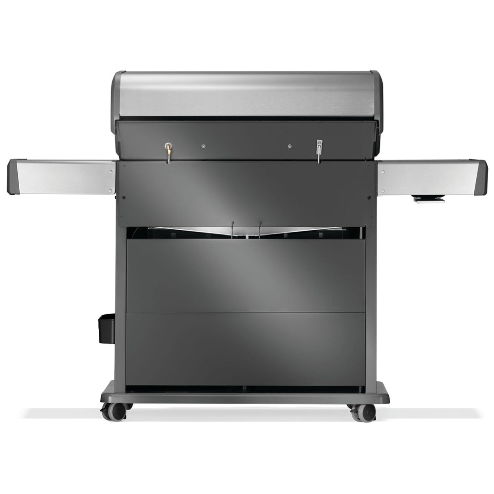 Rear view of stainless steel gas grill with open lid and interior cooking space