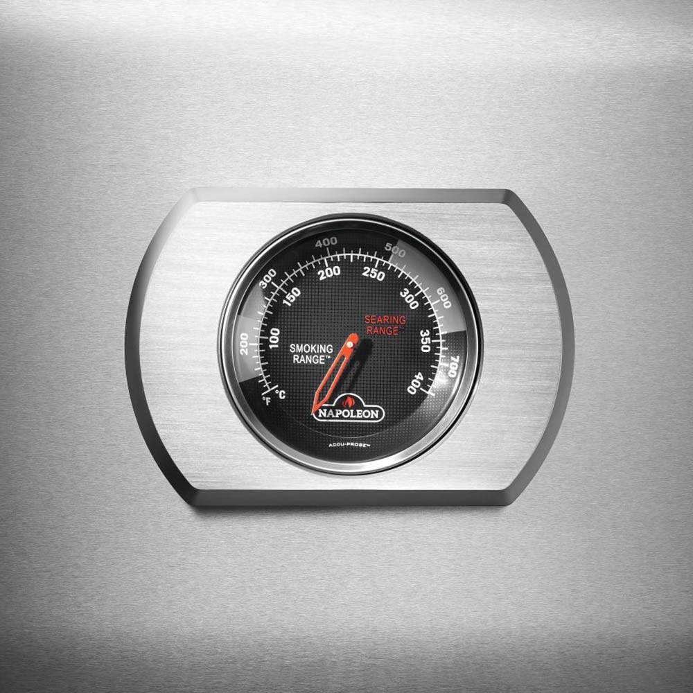 Stainless steel grill lid temperature gauge with marked cooking range