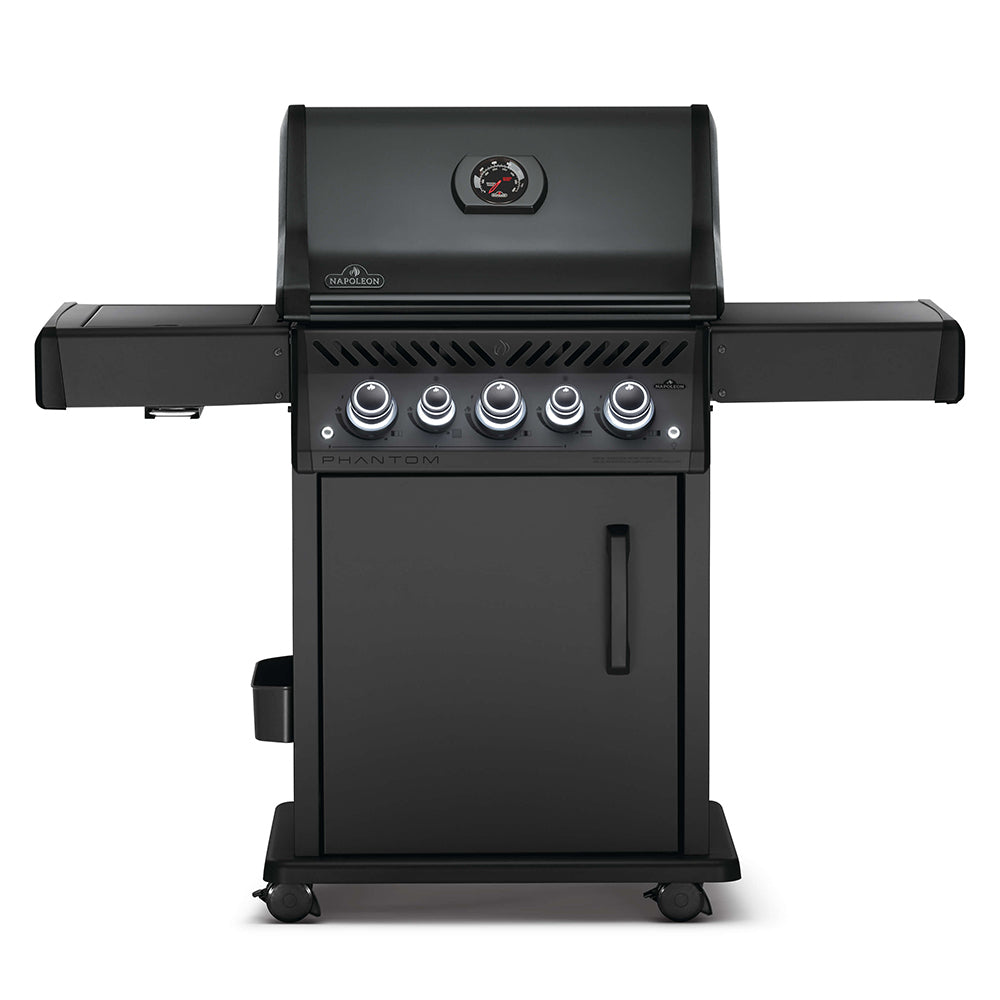 Black gas grill on cart with control knobs and side shelves, front view