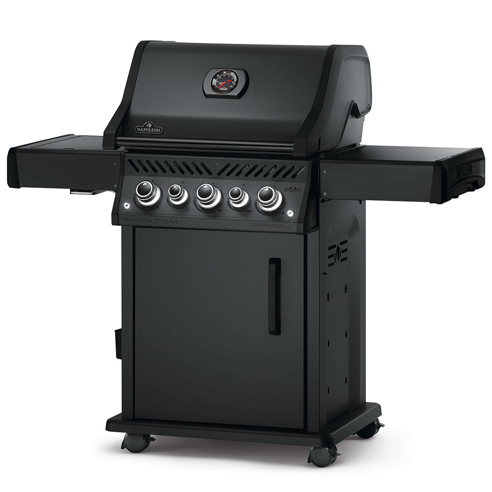Black gas grill on cart with open lid and front control knobs
