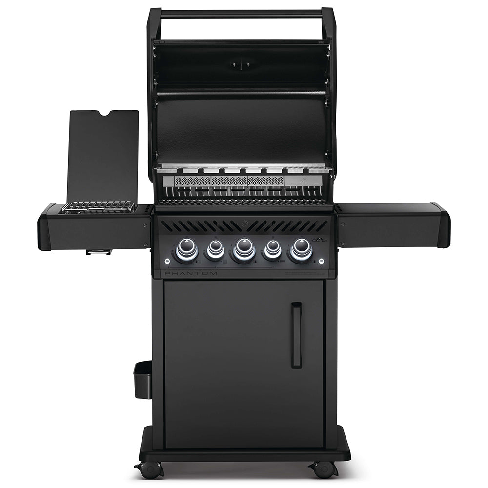 Black gas grill on cart with lid open and cooking grates visible