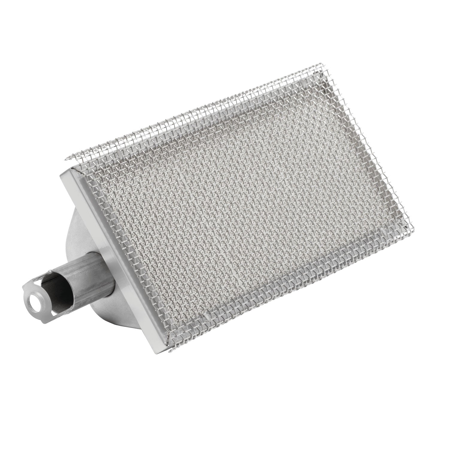 Infrared side burner with rectangular metal mesh guard and mounting bracket, stainless finish