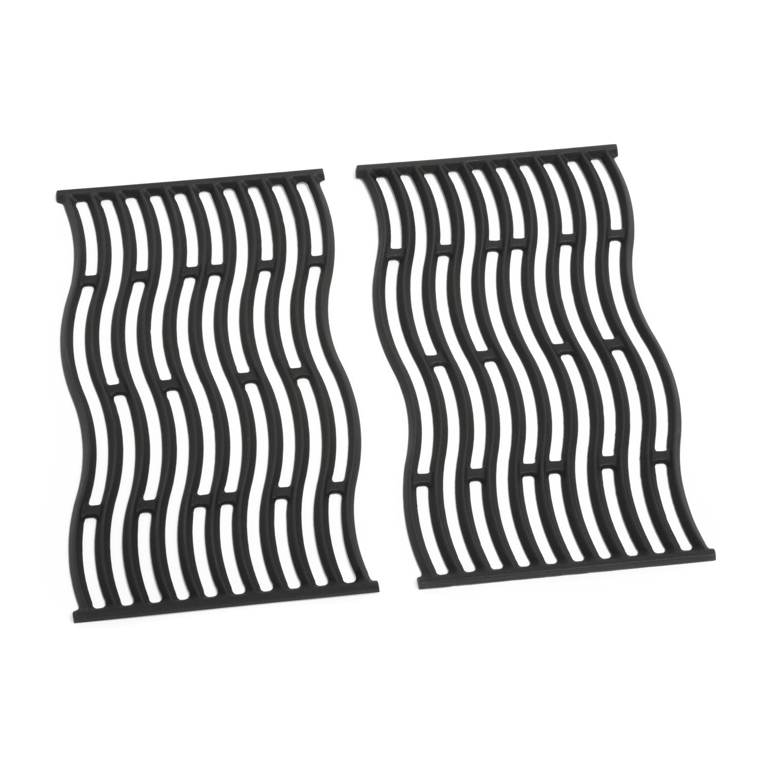 Pair of cast iron cooking grids with curved parallel slots
