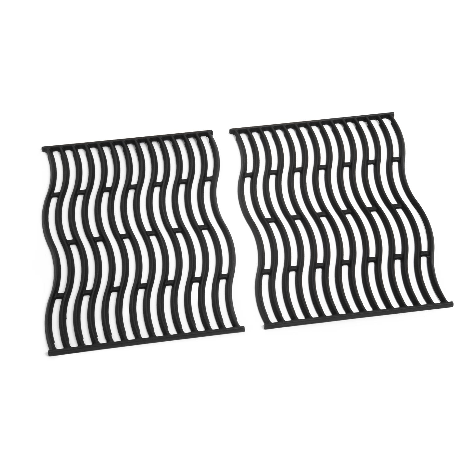 Two cast iron cooking grates with black ridged bars