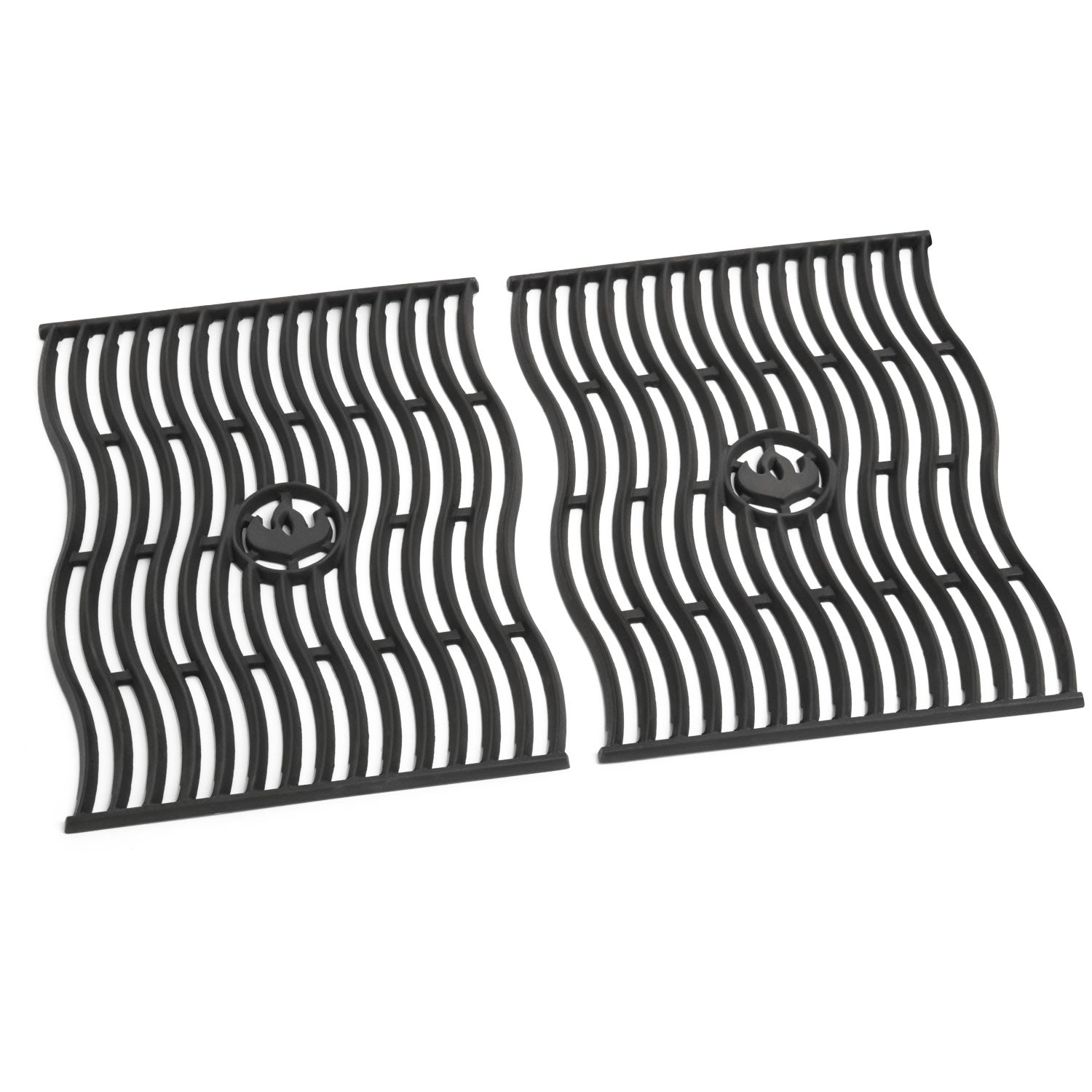 Cast iron cooking grid set with wavy channels and round burner openings