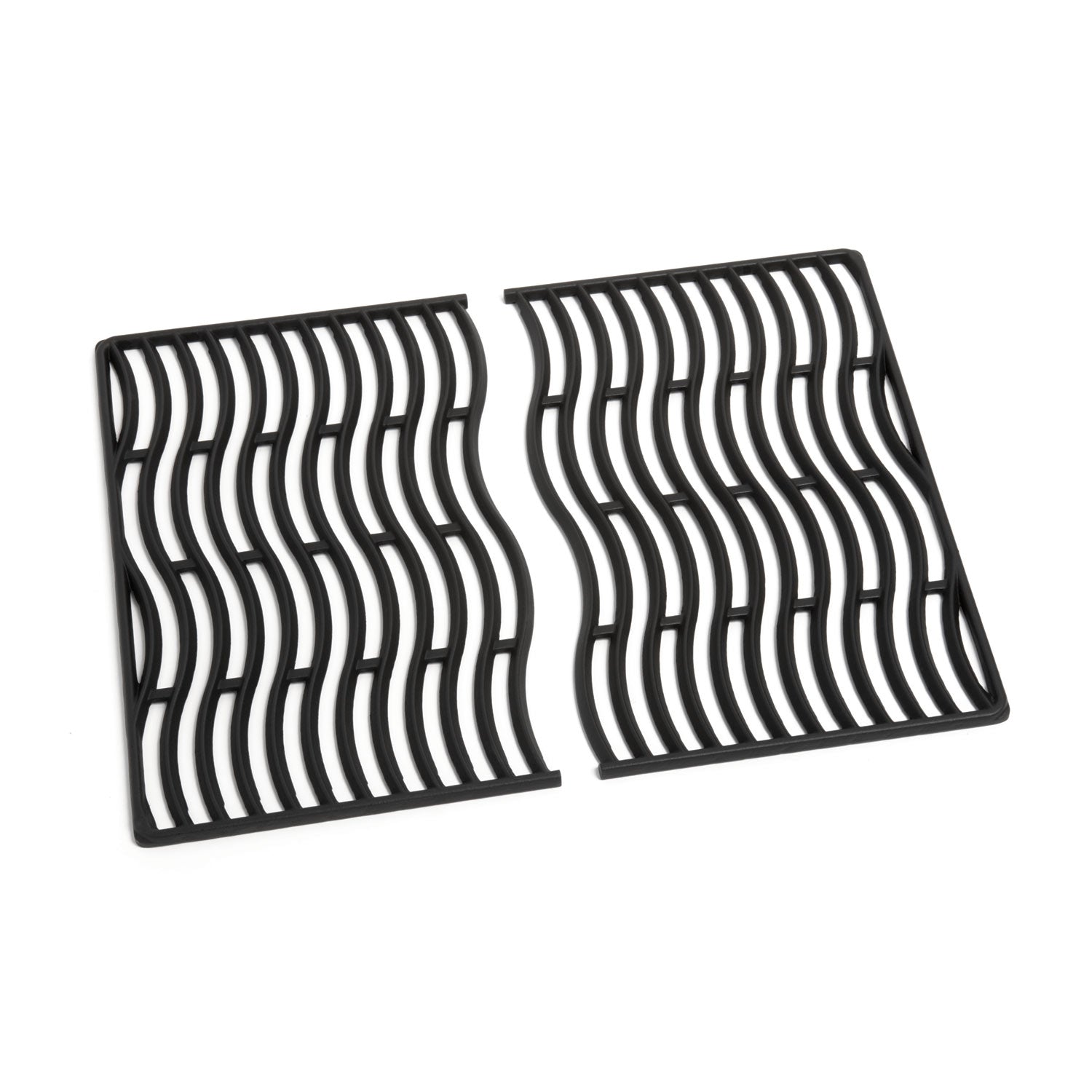 Cast iron cooking grids, two-piece set, ribbed black grate plates with curved slots