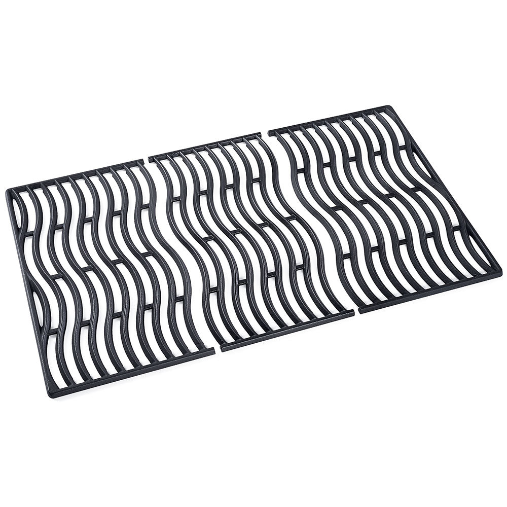 Cast iron grill cooking grid with curved slat pattern and side handles, dark finish