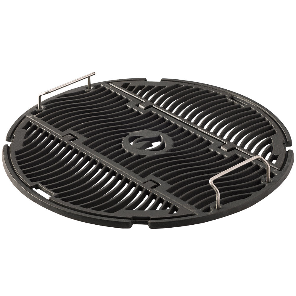 Round black cast grill grate with curved vent slots and lift handles