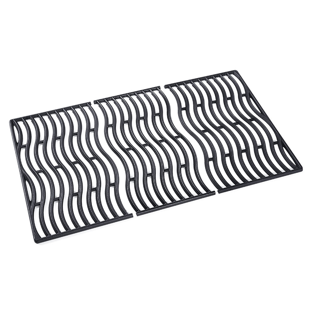 Cast iron cooking grill grate with curved ridges and black finish