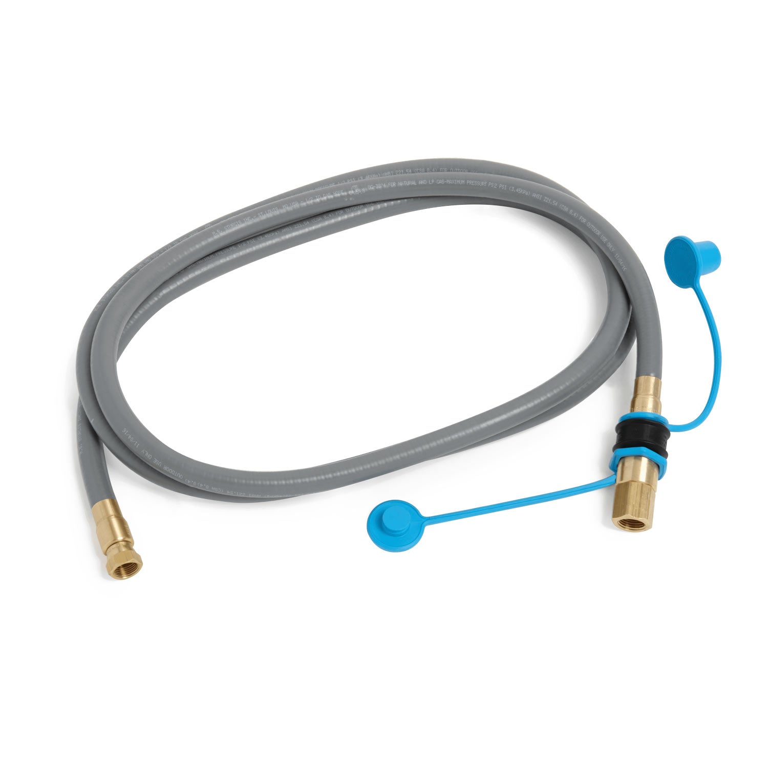 Gray gas hose with brass 1/2 quick-connect fitting and blue safety tab