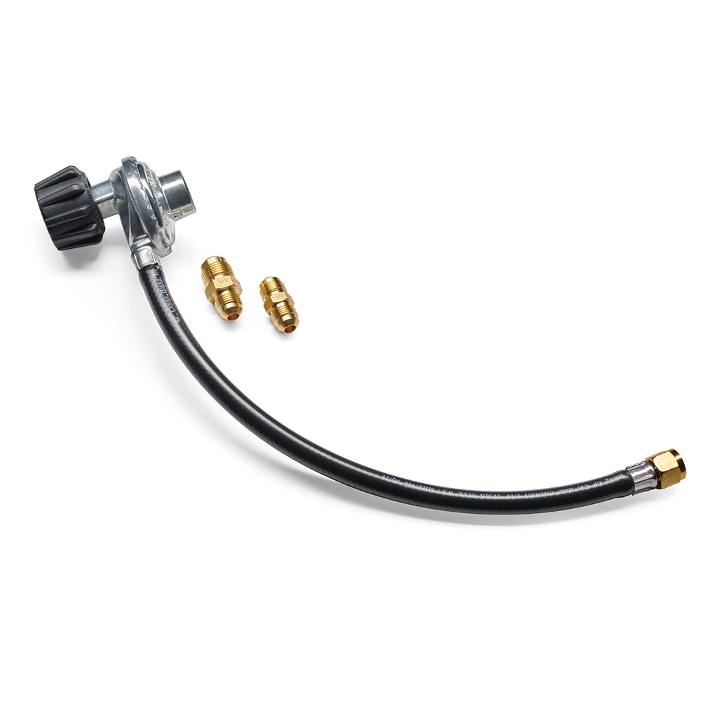 Propane regulator hose with metal and brass fittings and hose-end connector