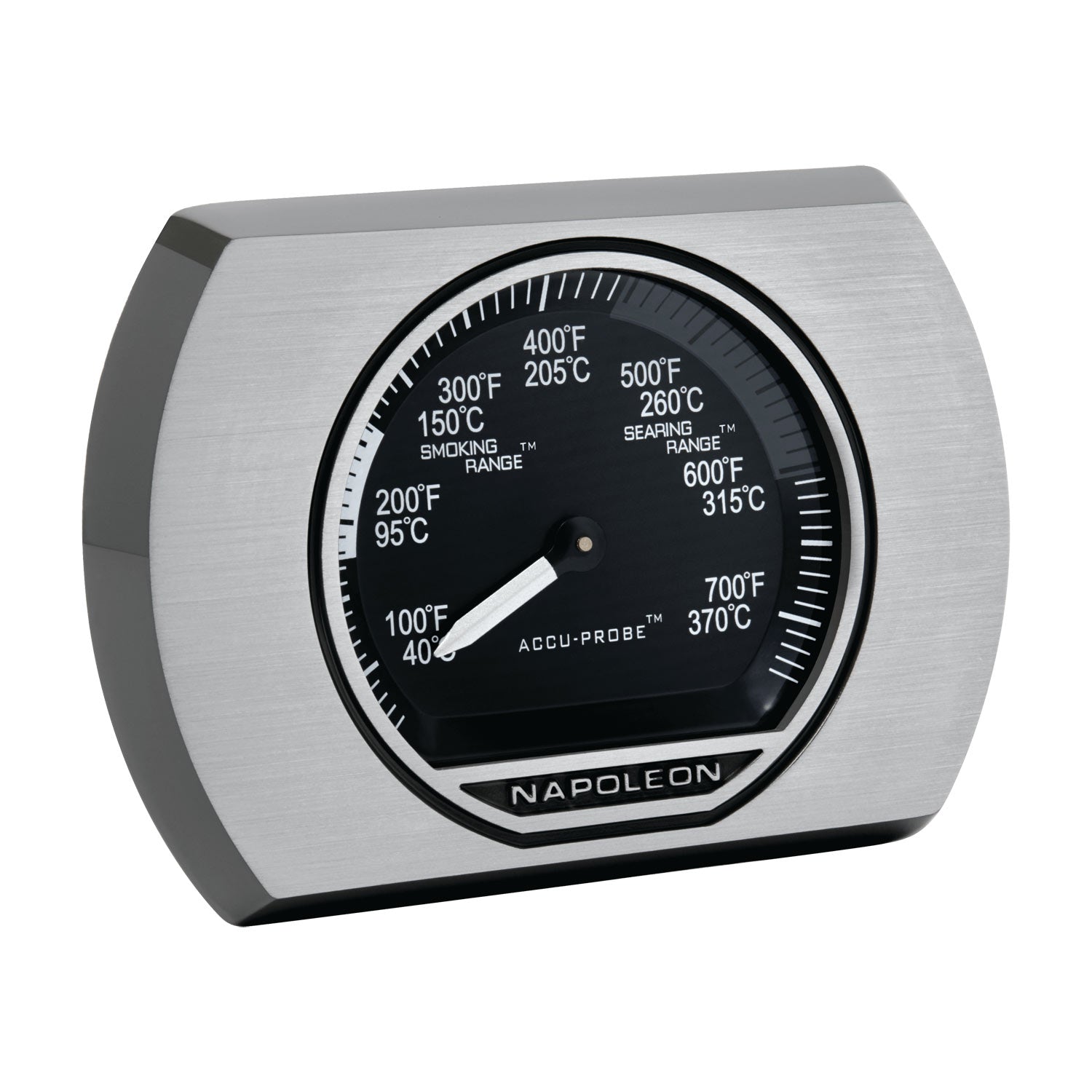 Napoleon temperature gauge with brushed metal octagonal housing and black dial with°F/°C scale