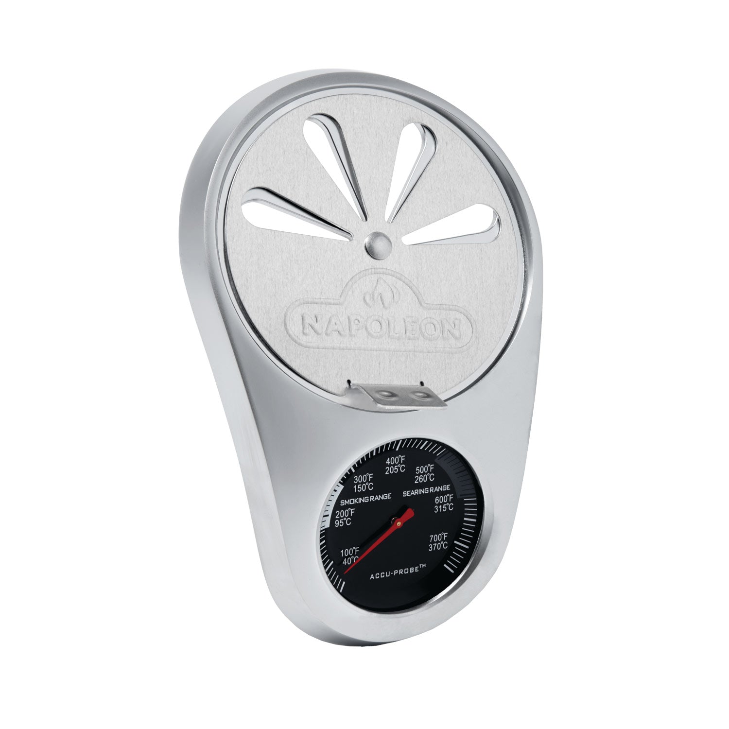 Grill temperature gauge with silver face and black dial, showing Napoleon branding