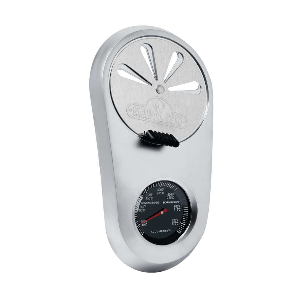 Kettle grill temperature gauge with round dial face and mounting bracket