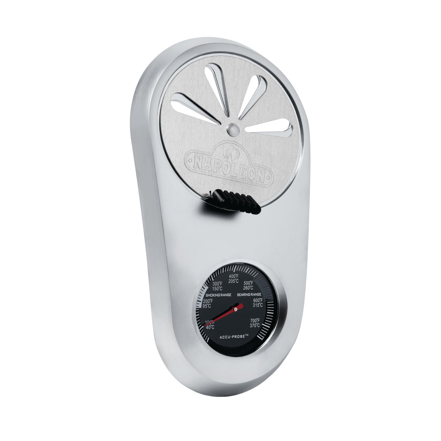 Kettle grill temperature gauge with round dial face and mounting bracket