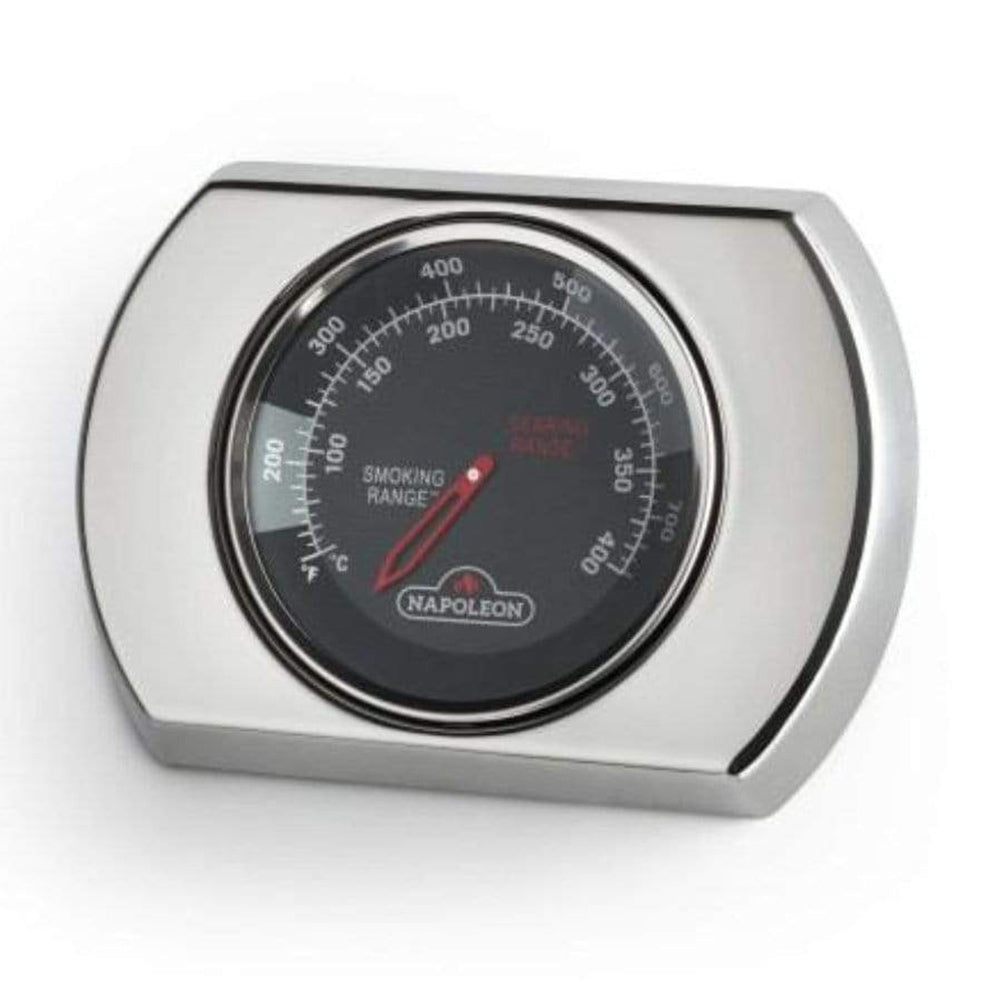 Round temperature gauge with black face, red needle, and stainless steel bezel
