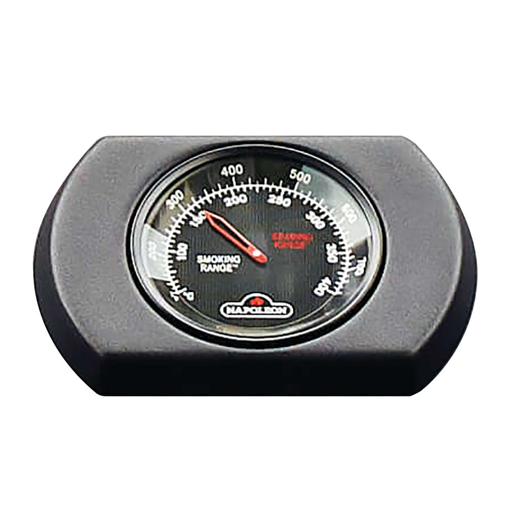 Analog temperature gauge with red needle in gray housing