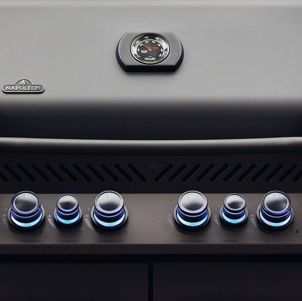 Grill-mounted temperature gauge with analog dial on control panel