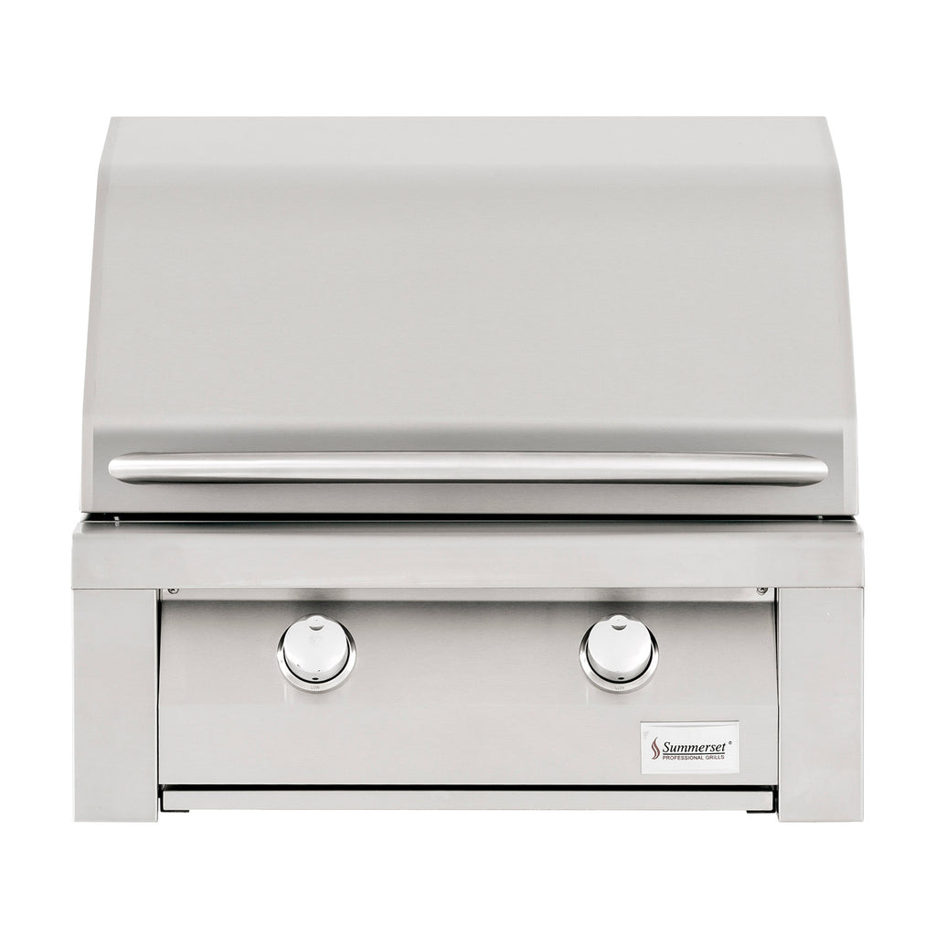 Built-in gas grill with stainless lid and two round control knobs, 30-inch body
