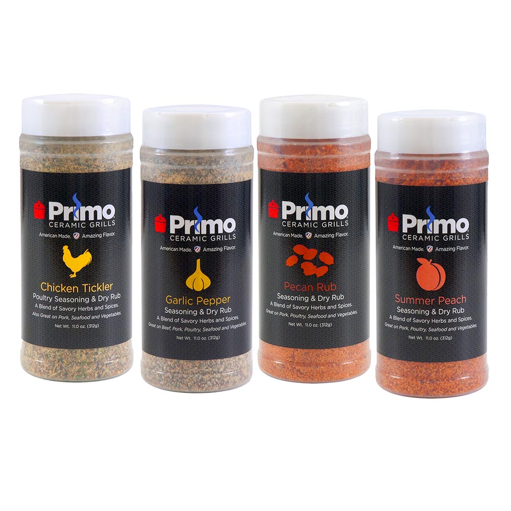 Set of four Primo Ceramic Grills seasoning rub bottles with different flavors