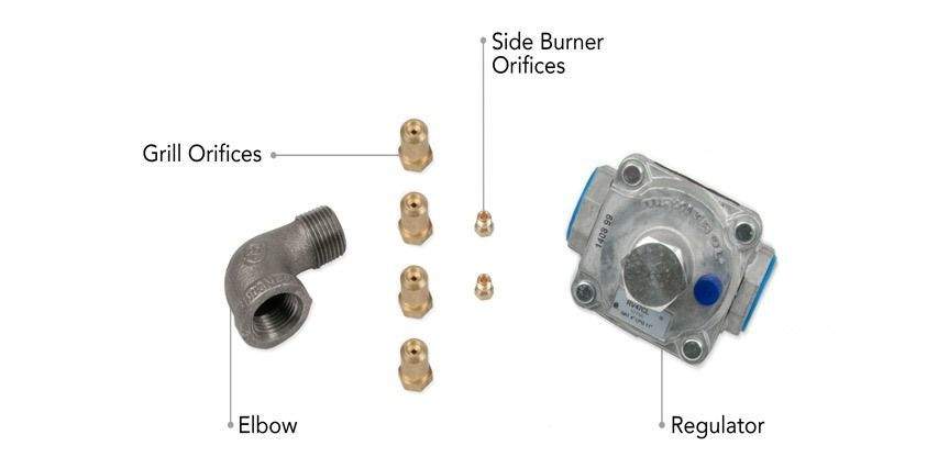 Gas grill conversion kit parts: regulator, elbow, burner orifices