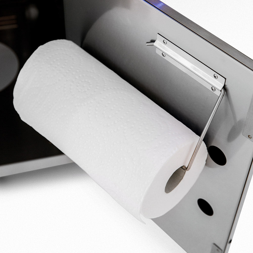 Paper towel roll holder inside the outdoor grill cart cabinet