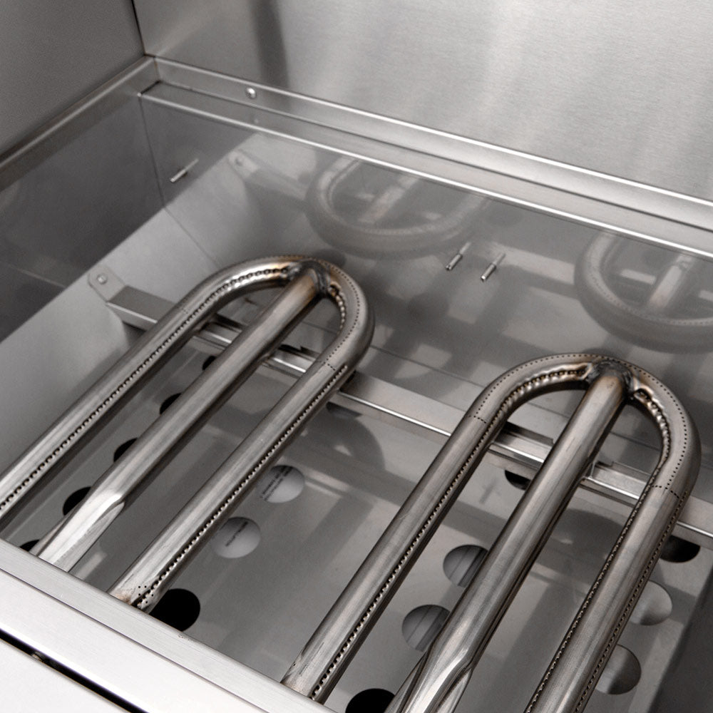 Built-in gas grill burner bars and stainless firebox with gas tubes underneath