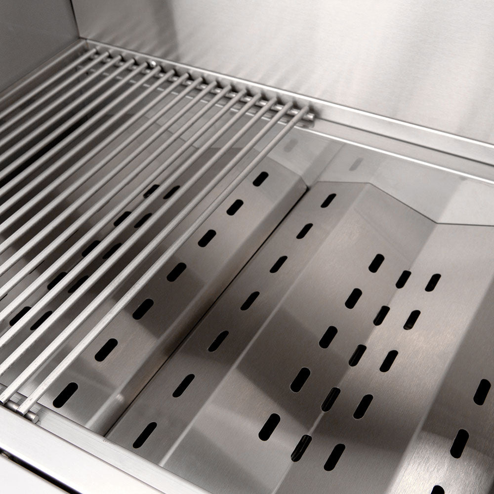 Stainless cooking grates with slotted openings inside built-in gas grill firebox