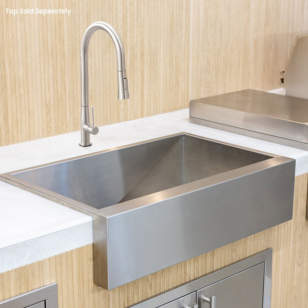 Stainless farmhouse outdoor sink with single-hole gooseneck faucet