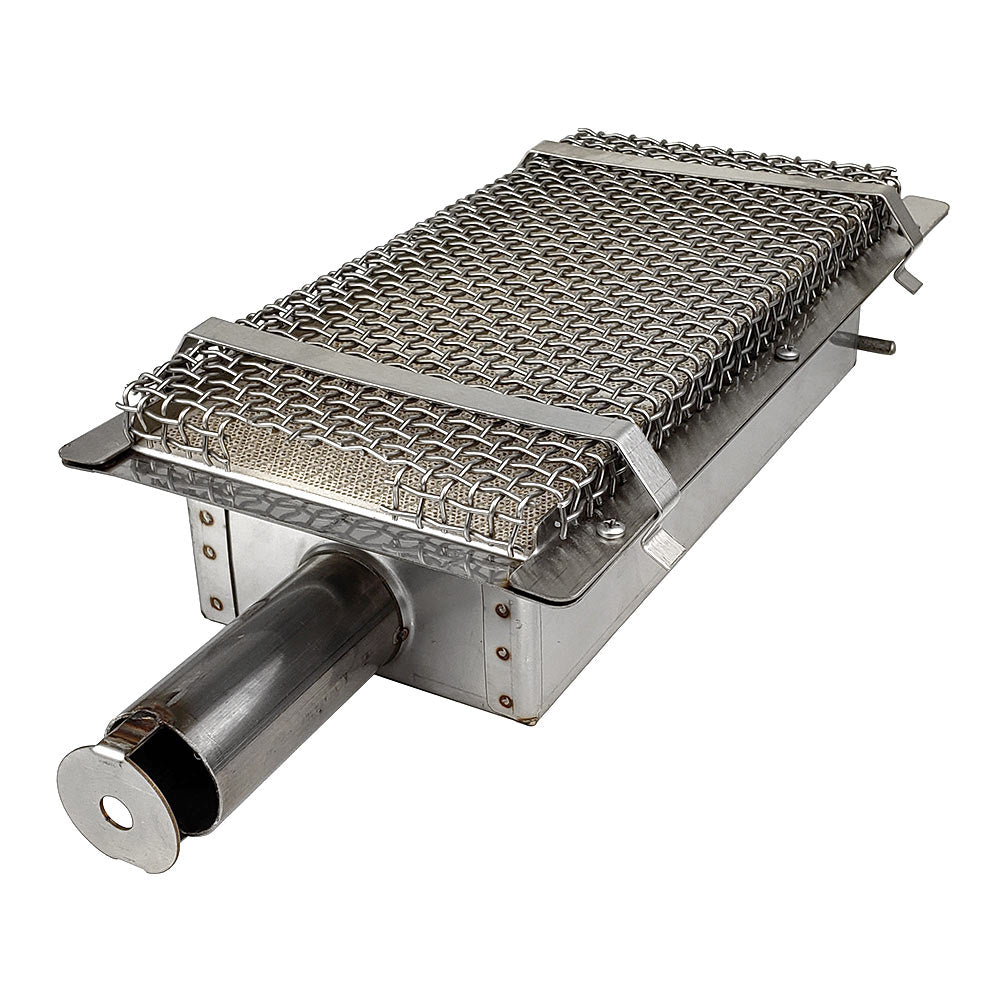Infrared burner with wire mesh screen, stainless-style metal body and round gas outlet